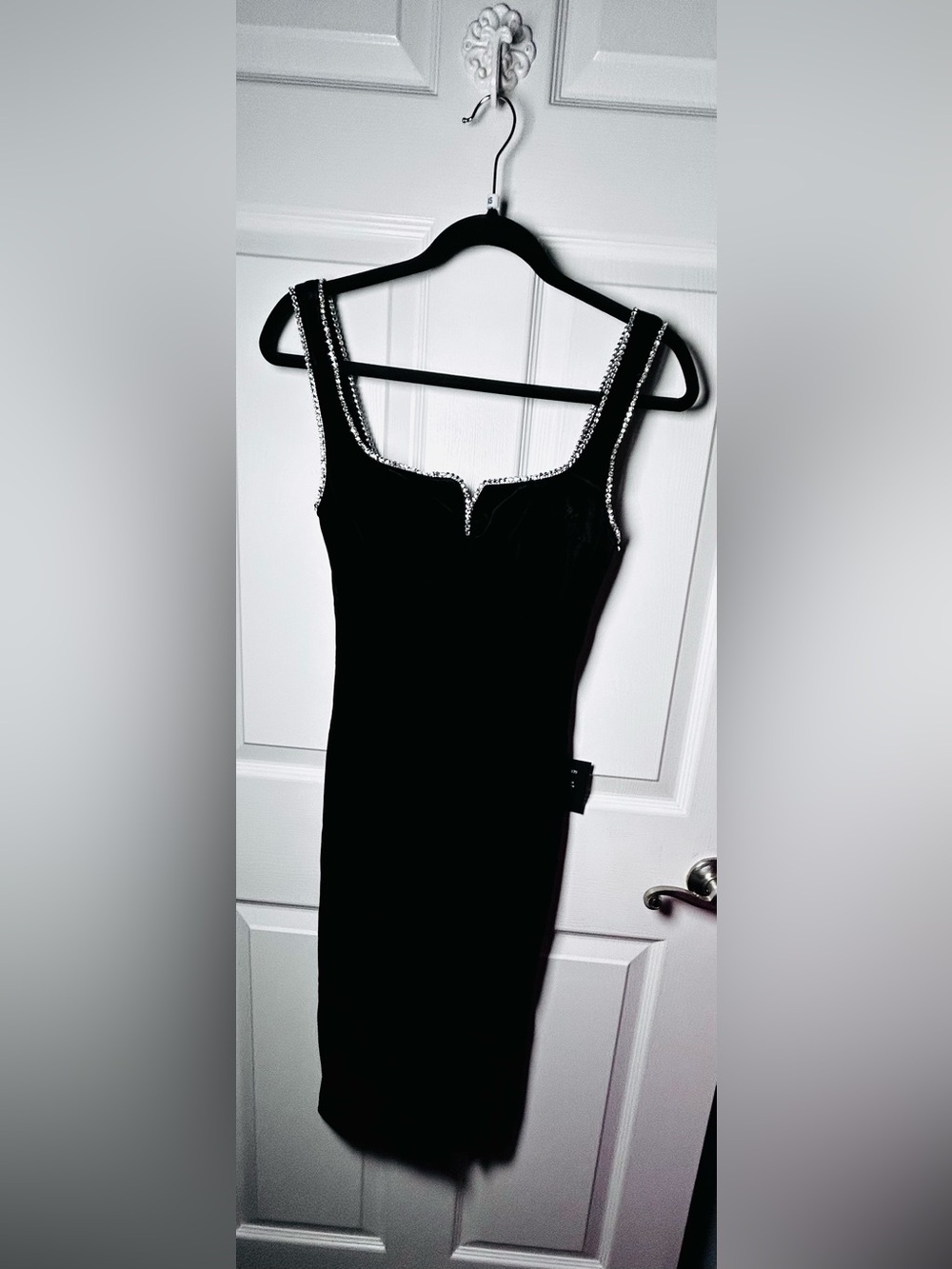 Lulus Posh Sparkle Black Velvet Rhinestone Notched Midi Dress Size XS New NWT - Picture 2 of 14